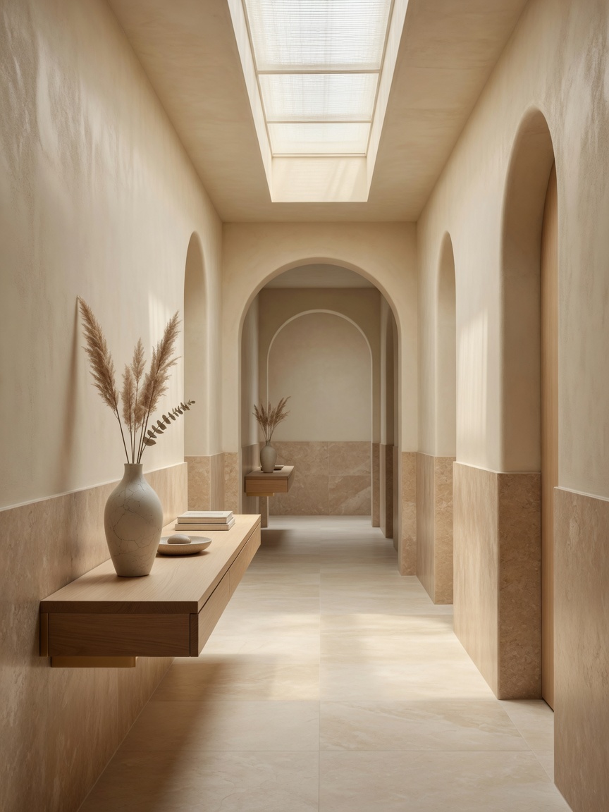 Corredor da clínica com arcos, travertino e luz natural